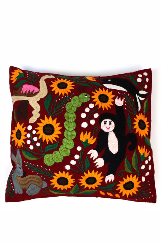 Cojín rojo con girasoles