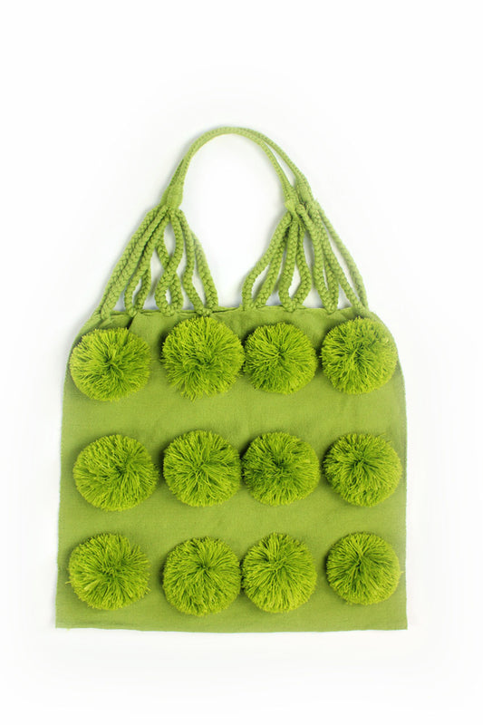 Bolsa de tela verde con pompones